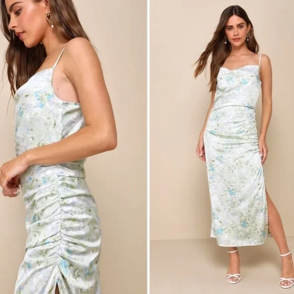 LULUS Floral Sexy Chic Satin Wedding Formal Event Floral Slip Midi Dress